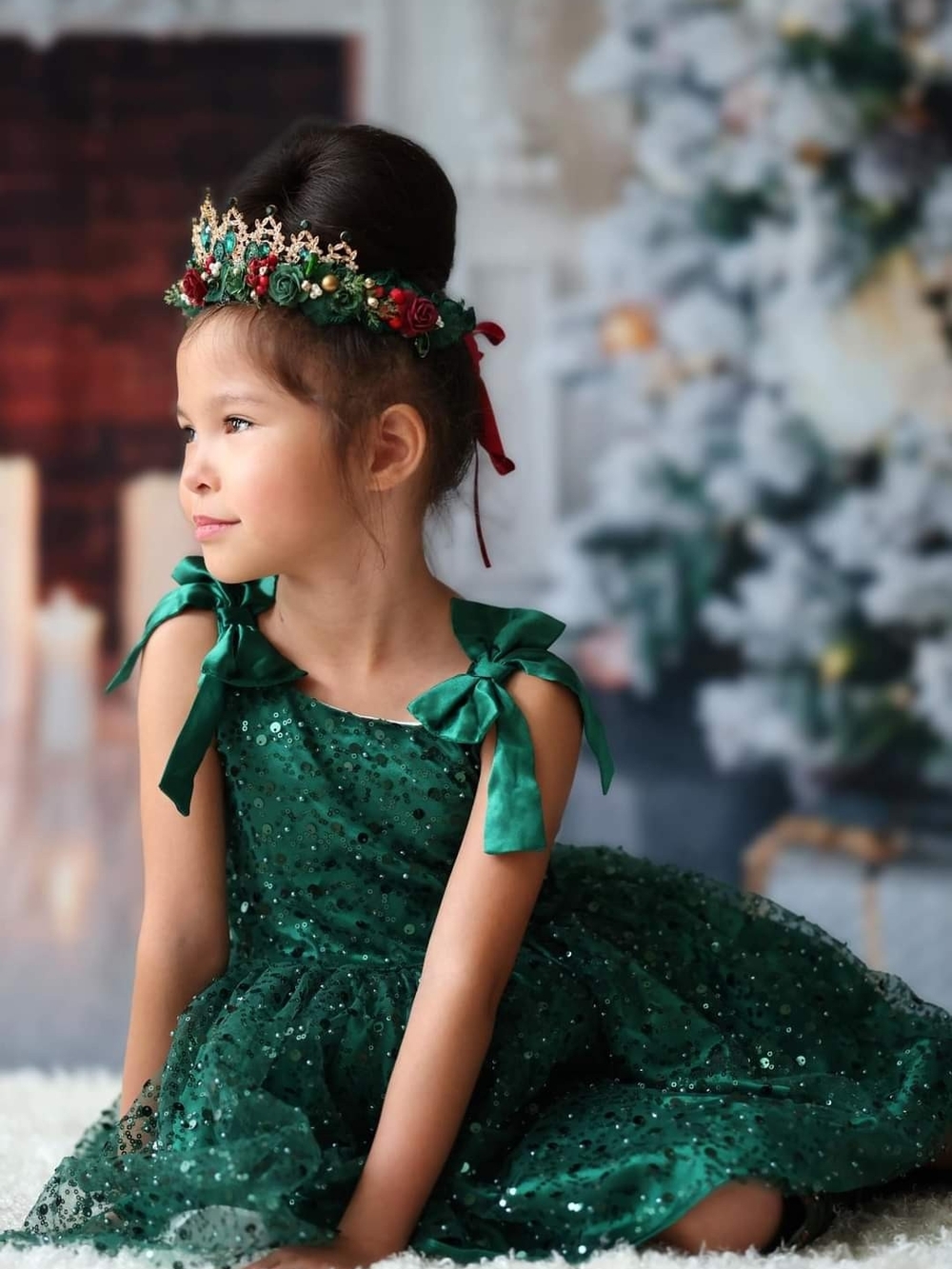 Oh Shana! Sparkling Emerald Sequin Bow Shoulder Dress With Bloomers- Girls 6